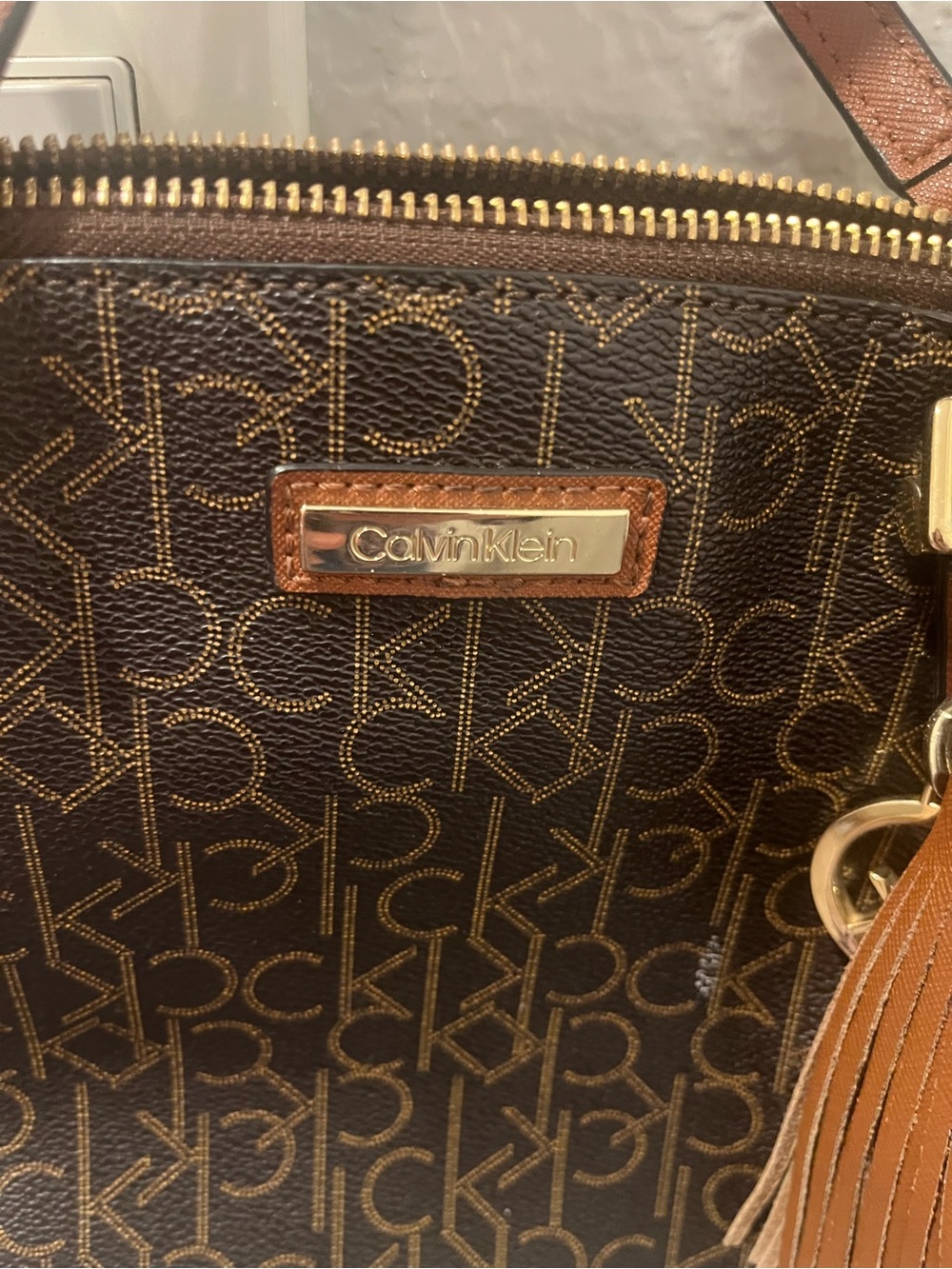 Calvin Klein Brown Monogram Satchel with Tan Tassel - Picture 2 of 6